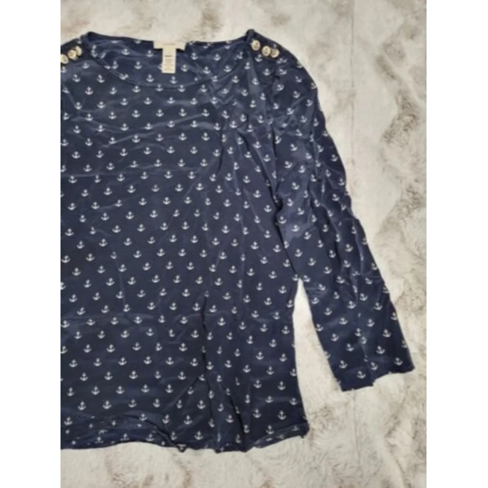 J Crew 100% Silk‎ Button Shoulder Accent Anchor Print Blouse Size 0